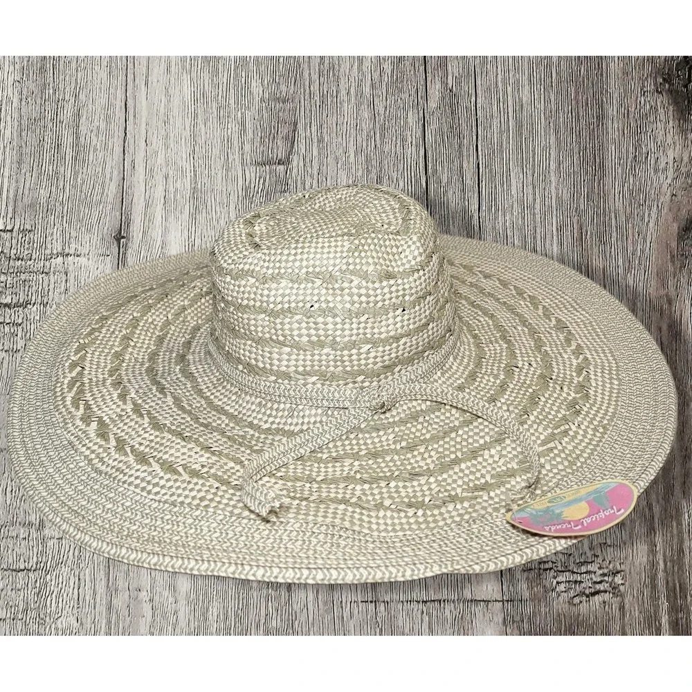 tropical trends straw ribbon hat summer floppy Beige NWT